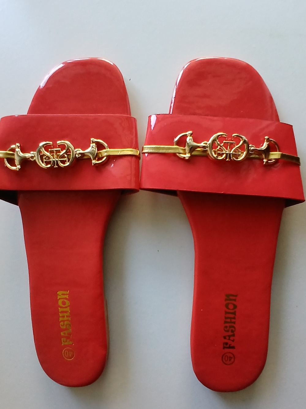 Red Patent Slide Sandals with Gold Accent